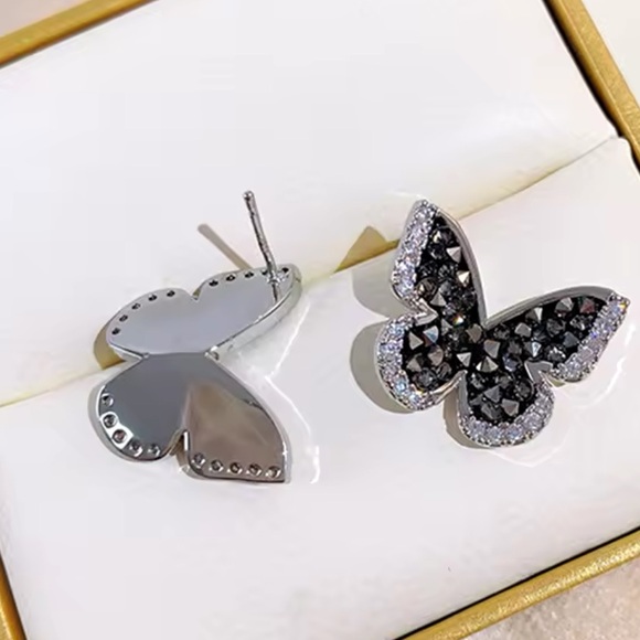 Swarovski Crystal Butterfly Earrings In Silver Black - Picture 4 of 4